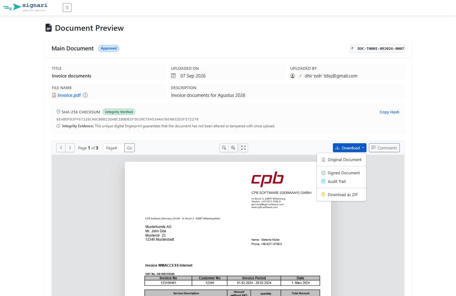 Signari Document Approval Dashboard